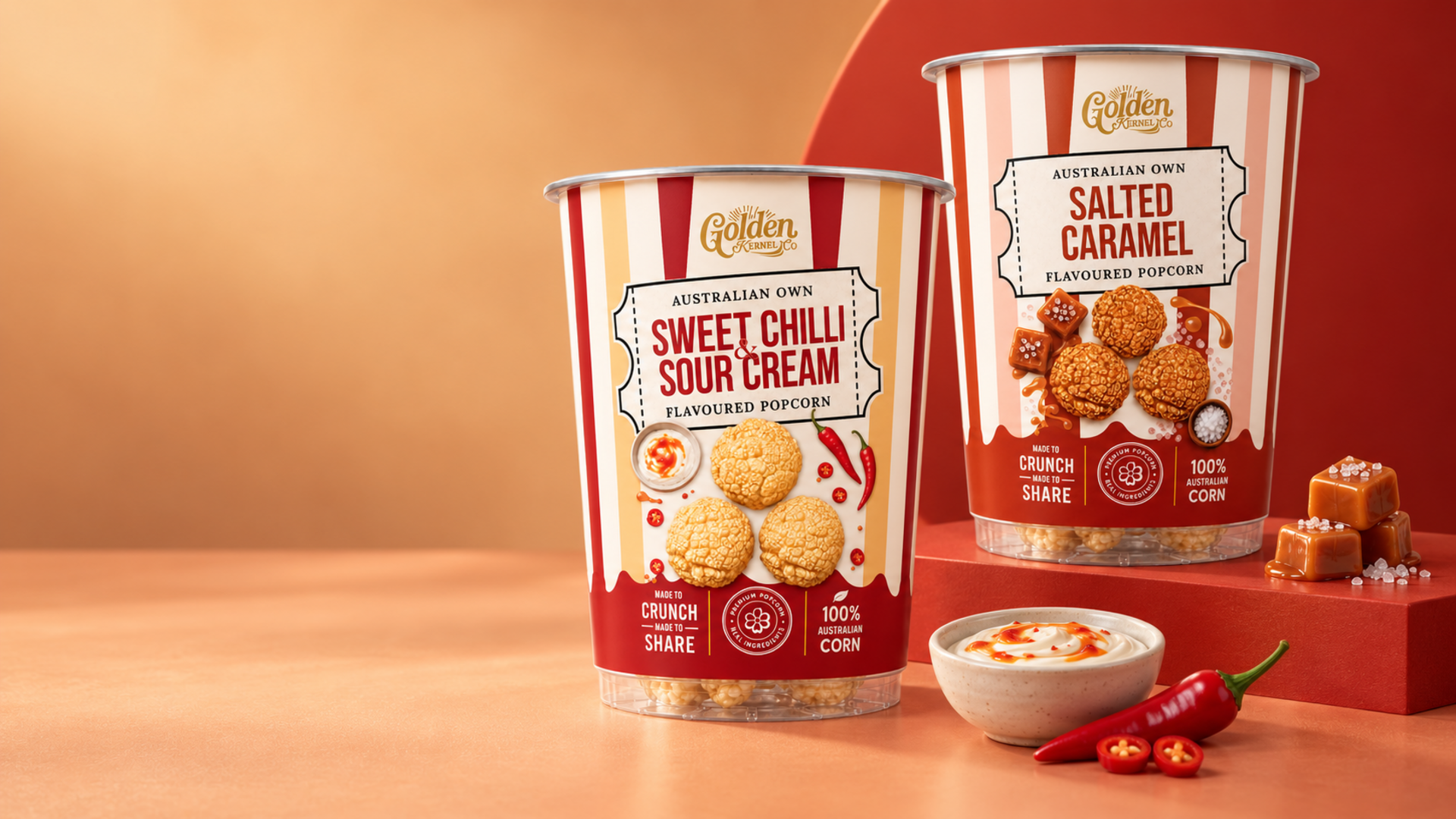 Golden Kernel Co snack cups — Sweet Chilli & Sour Cream and Salted Caramel