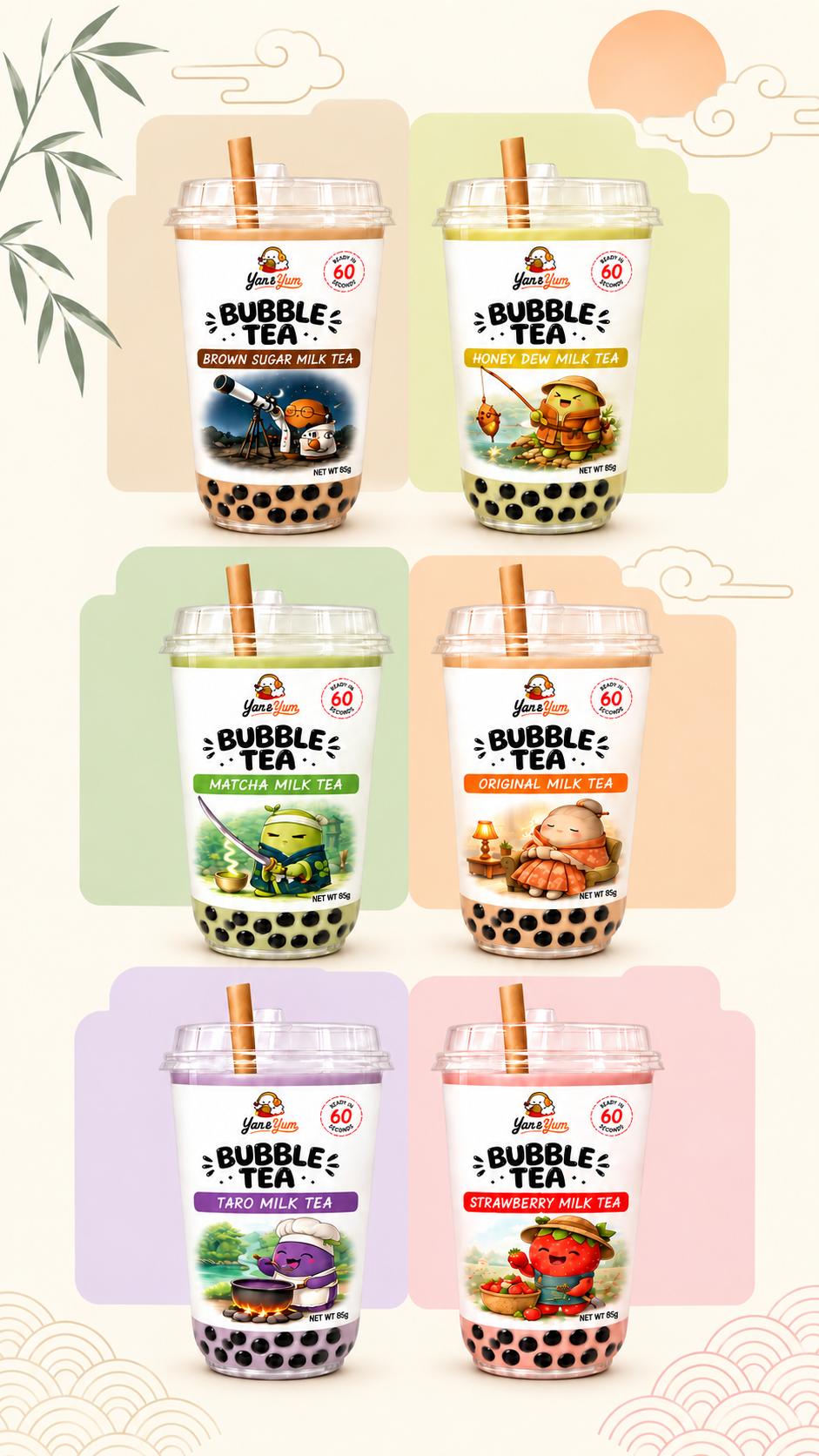 Six Yan & Yum bubble tea flavours: brown sugar, honey dew, matcha, original, taro and strawberry.