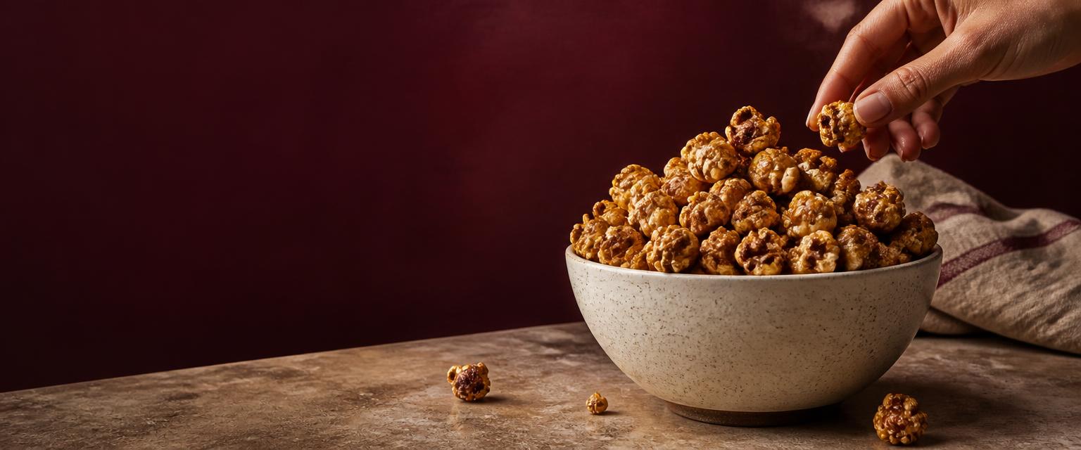 A hand reaching for caramel popcorn from a ceramic bowl
